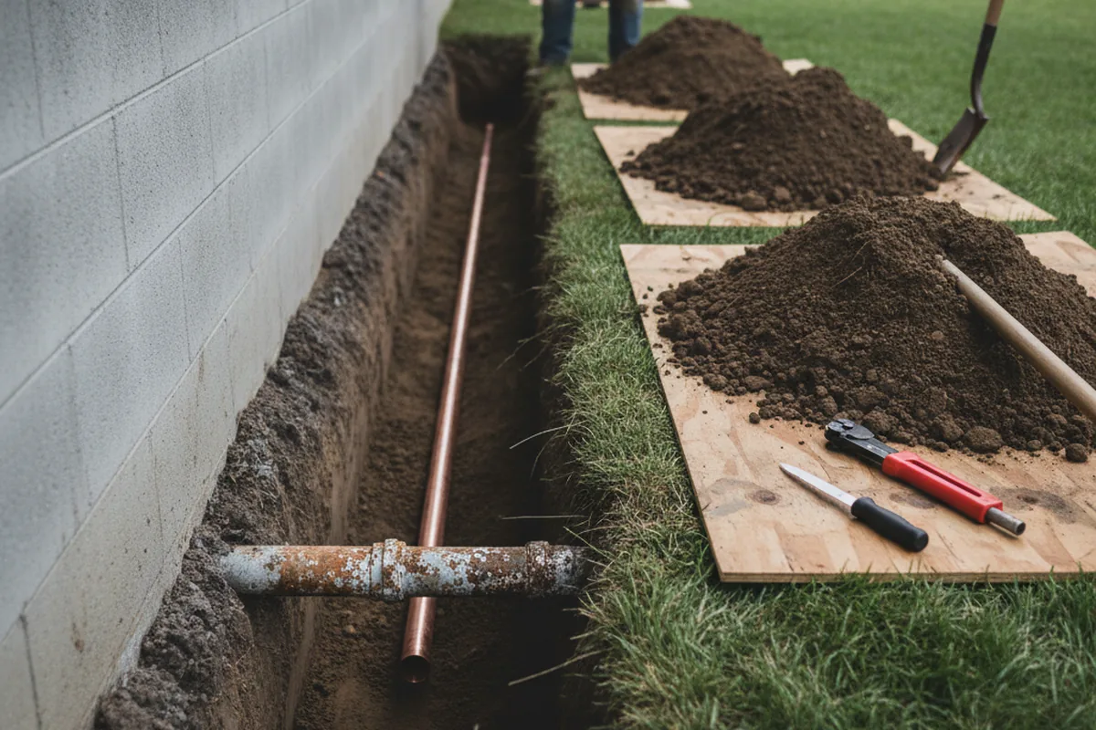 Excavated water line trench during Water Heater Repair in Point Roberts